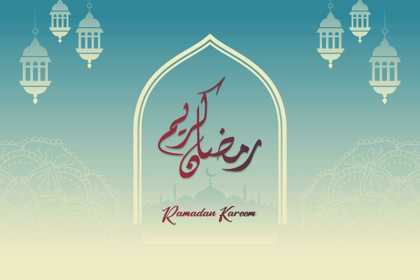 gelukkig Ramadan religieus gelegenheid van moslims geschreven met mooi Arabisch kalligrafie, modern achtergrond vector illustratie