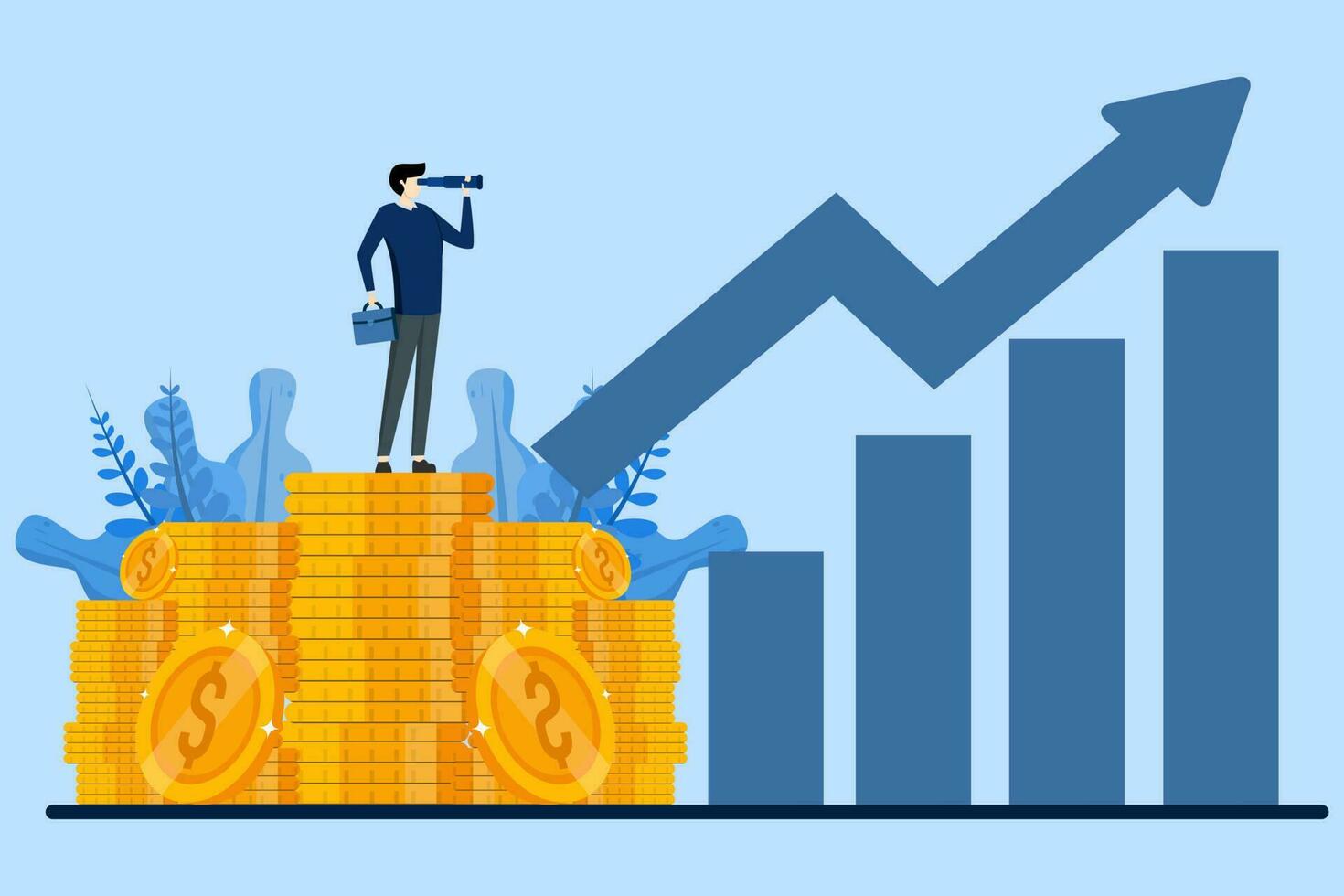 kans visie concept, financieel planning en strategie ontwikkeling, zakenman is op zoek voor afzet strategie naar toenemen verkoop naar ontwikkelen bedrijf, vlak vector illustratie ontwerp.