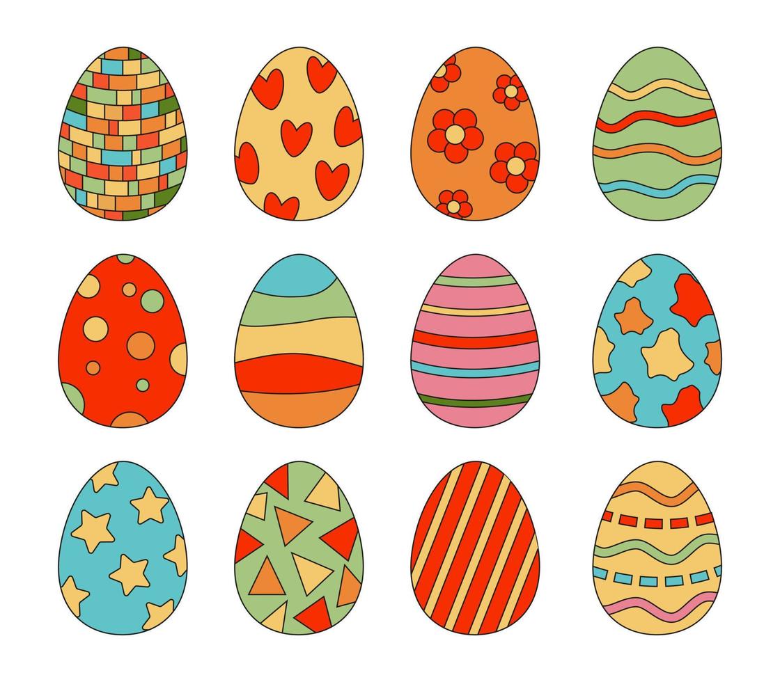 reeks van helder gekleurde Pasen eieren in retro groovy stijl vector