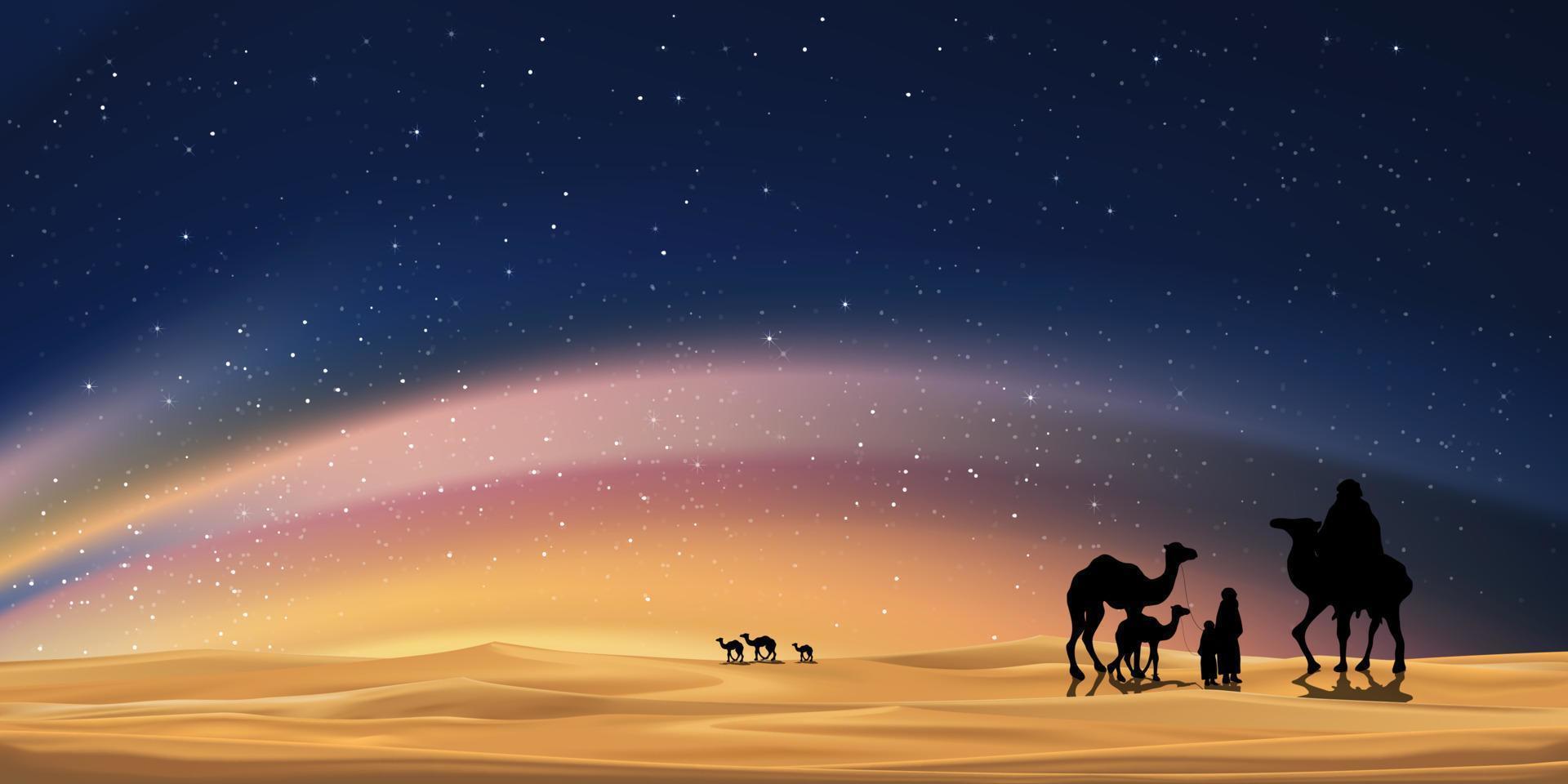 Ramadan kareem kaart, moslim caravan rijden kamelen Aan woestijn zand duinen met schemer hemel, melkachtig manier en oranje licht, vector banier Ramadan nacht voor Islamitisch religie, eid al adha,eid al fitr, eid mubarak