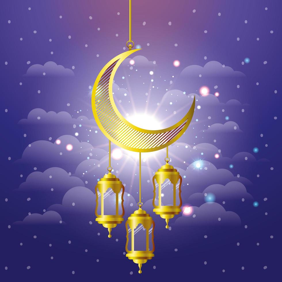 ramadan kareem gouden lantaarns en maan hangen vector