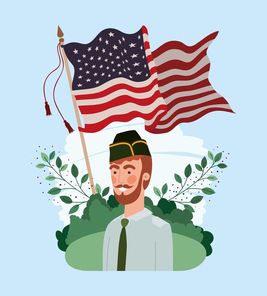 militaire man met usa vlag in het veld vector