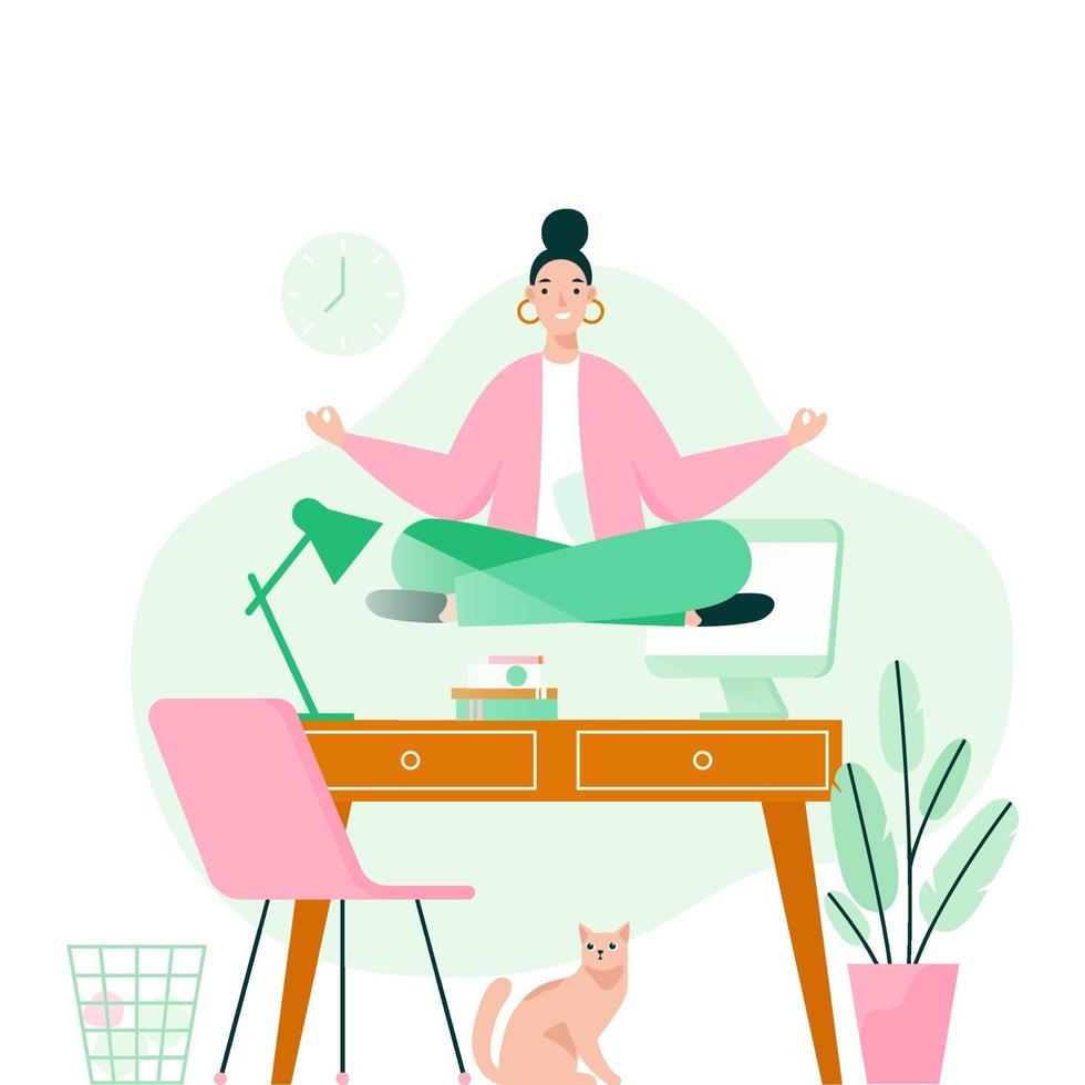 vrouw doet yoga in kantoor via desktop. vrouw mediteren om de stressvolle emotie van hard werken te kalmeren. concept vectorillustratie. vector