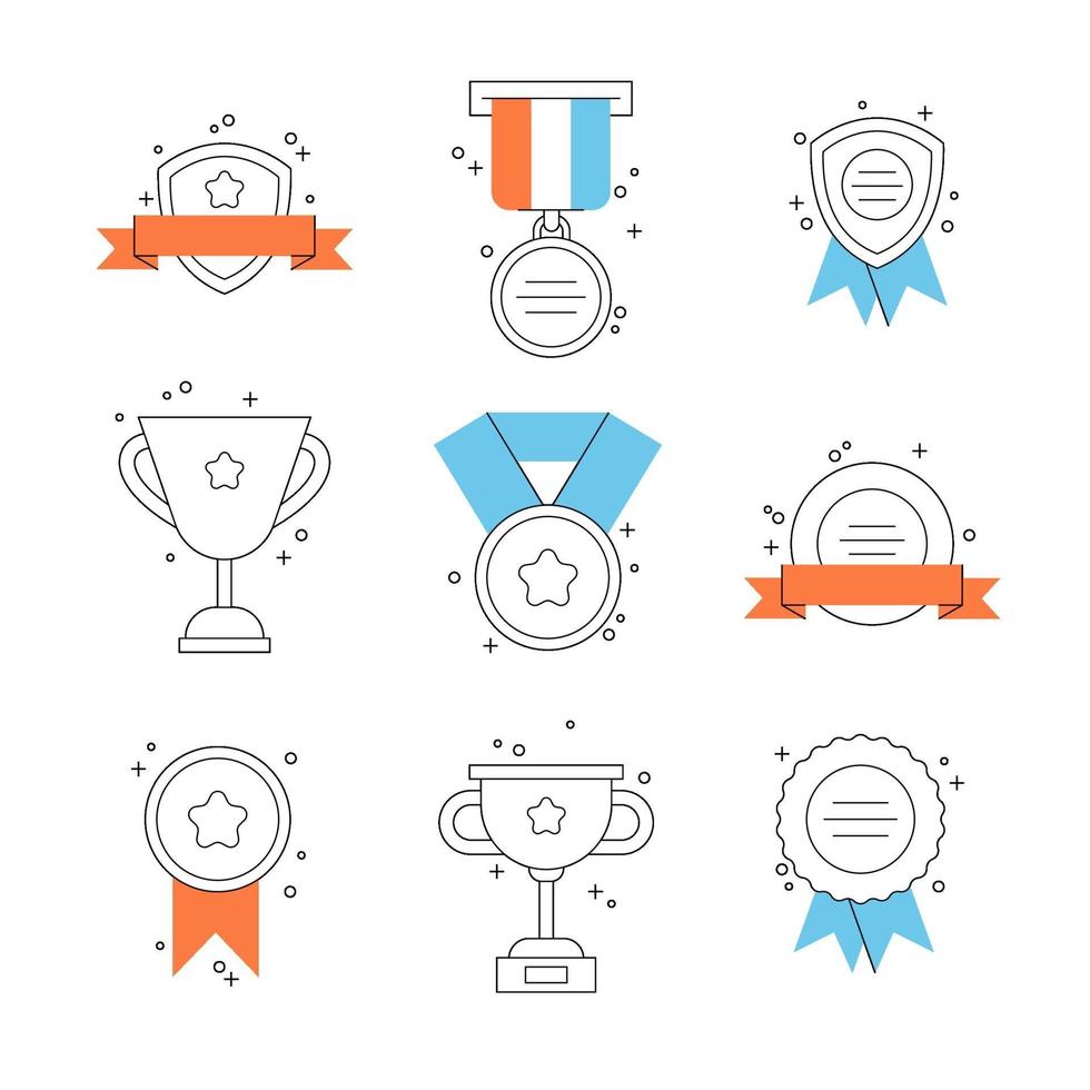 set badges, medailles en prestatie-elementen. emblemen voor winnaar. vector