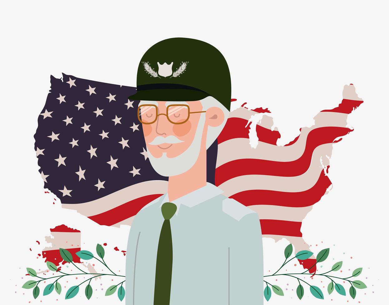 herdenkingsdagkaart met veteraan en de vlag van de VS in kaart vector