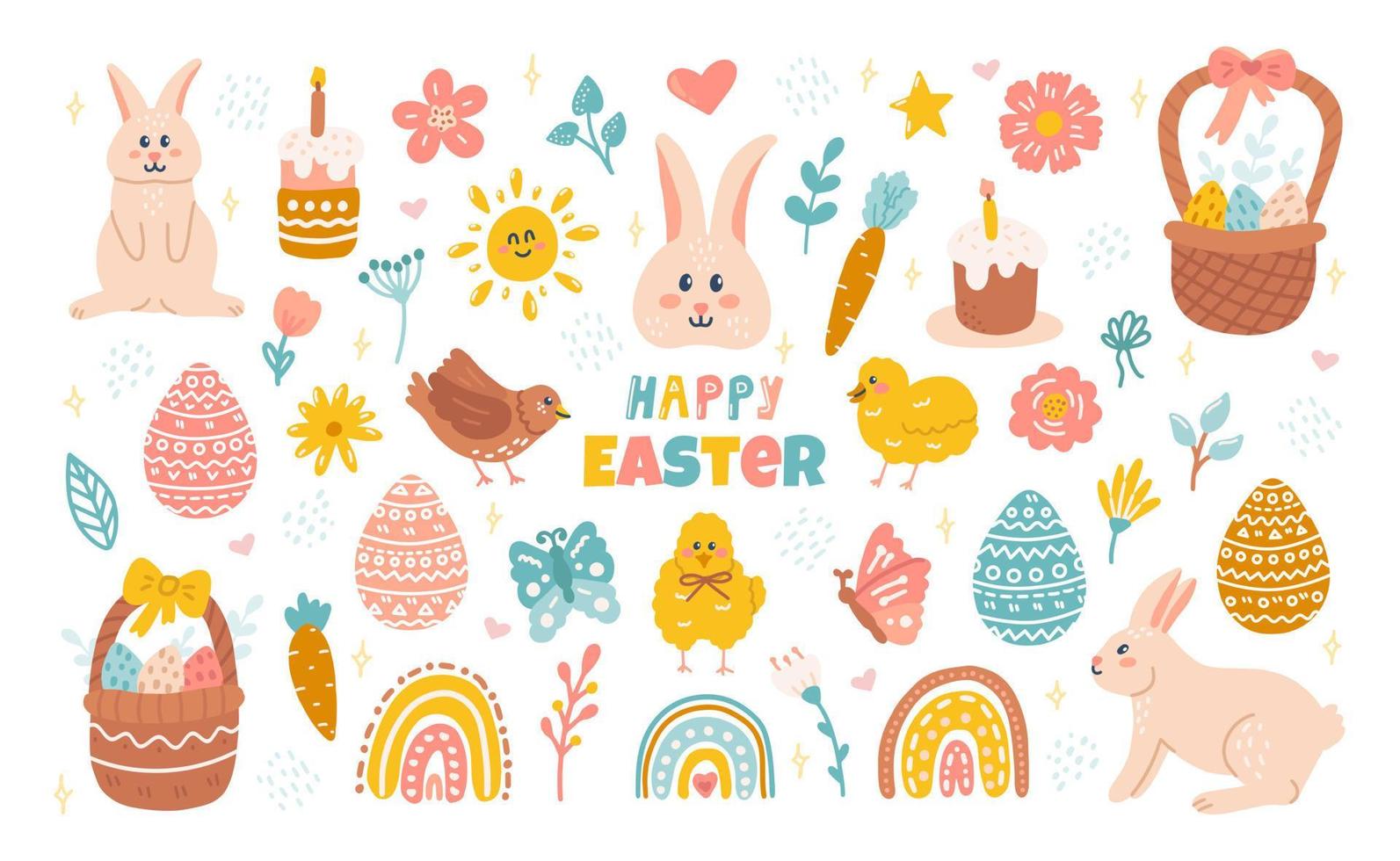 schattig reeks van Pasen ontwerp elementen met konijn, eieren, bloemen. vector vlak hand- getrokken illustratie is perfect voor groet kaarten, posters