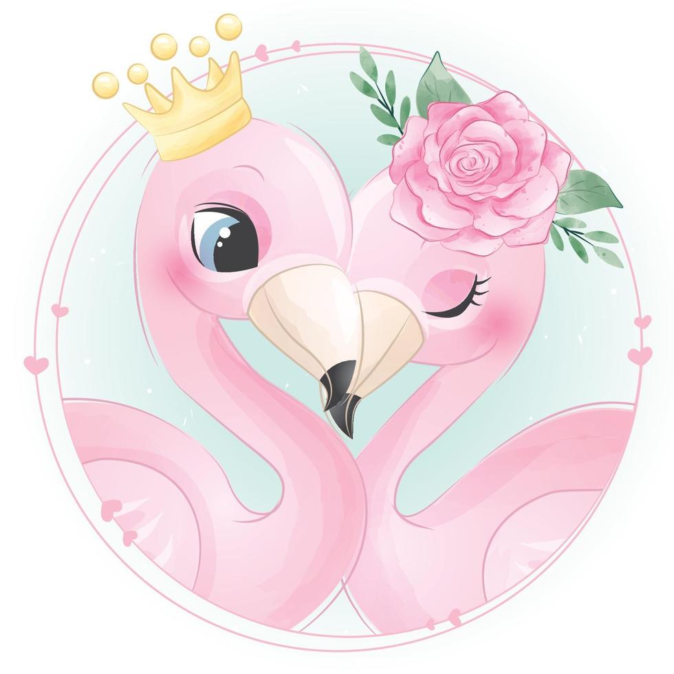 schattig flamingopaar met bloemenillustratie vector