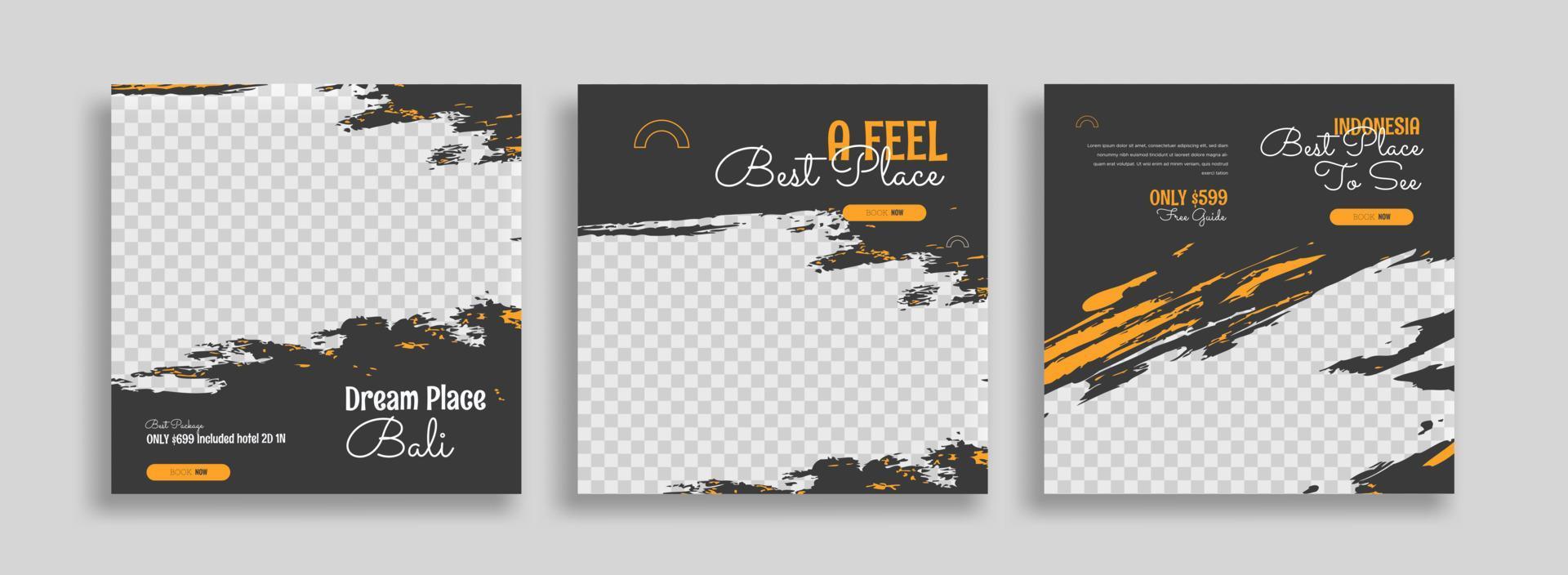 op reis Bali sociaal media post banier ontwerp sjabloon met geel kleur. reizen plein web banier ontwerp vector