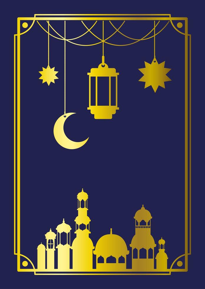 eid mubarak-frame met moskee, lampen en hangende maan vector