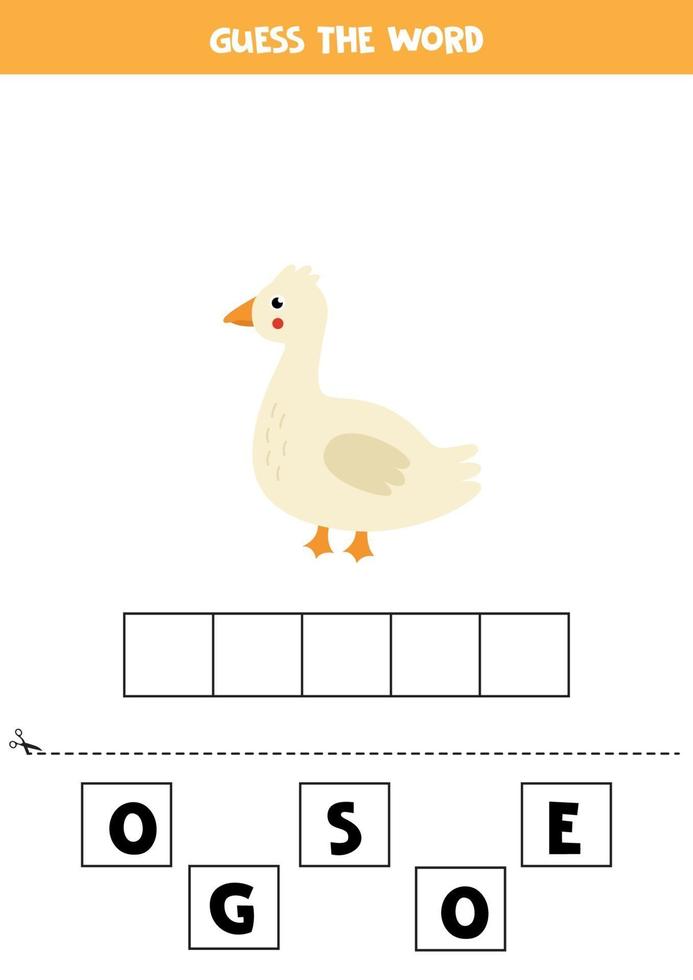 spellingsspel voor kinderen. cartoon schattige gans. vector