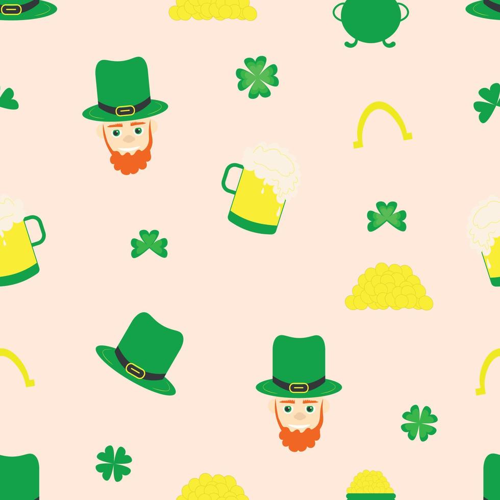 groen klaver bladeren en hoefijzers, bier. st. patricks dag naadloos achtergrond. grappig st. Patrick elf van Ierse folklore. seizoensgebonden ontwerp voor kinderen textiel, afdrukken vector