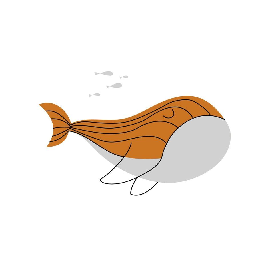 schattige hand getrokken kwekerij walvis en kleine vissen in de oceaan. vector kinderen illustratie in Scandinavische stijl met eenvoudige achtergrond. grappige schattige kinderen poster nordic.