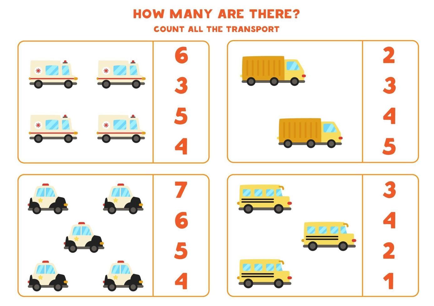 wiskunde spel. tel alle voertuigen. spellen met transportthema. vector