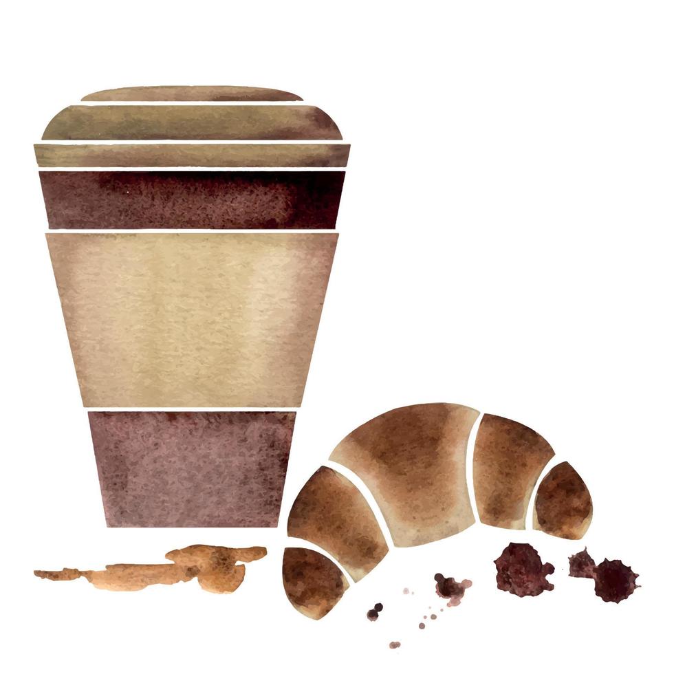 waterverf hand- getrokken samenstelling met capuccino porselein en goud koffie kopjes, croissantjes. geïsoleerd Aan wit achtergrond. voor uitnodigingen, cafe, restaurant voedsel menu, afdrukken, website, kaarten vector