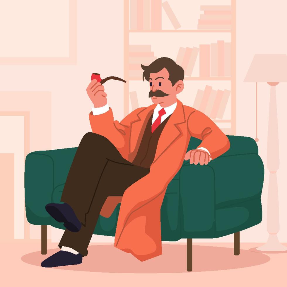 een detective roken pijp zittend Aan een sofa concept vector