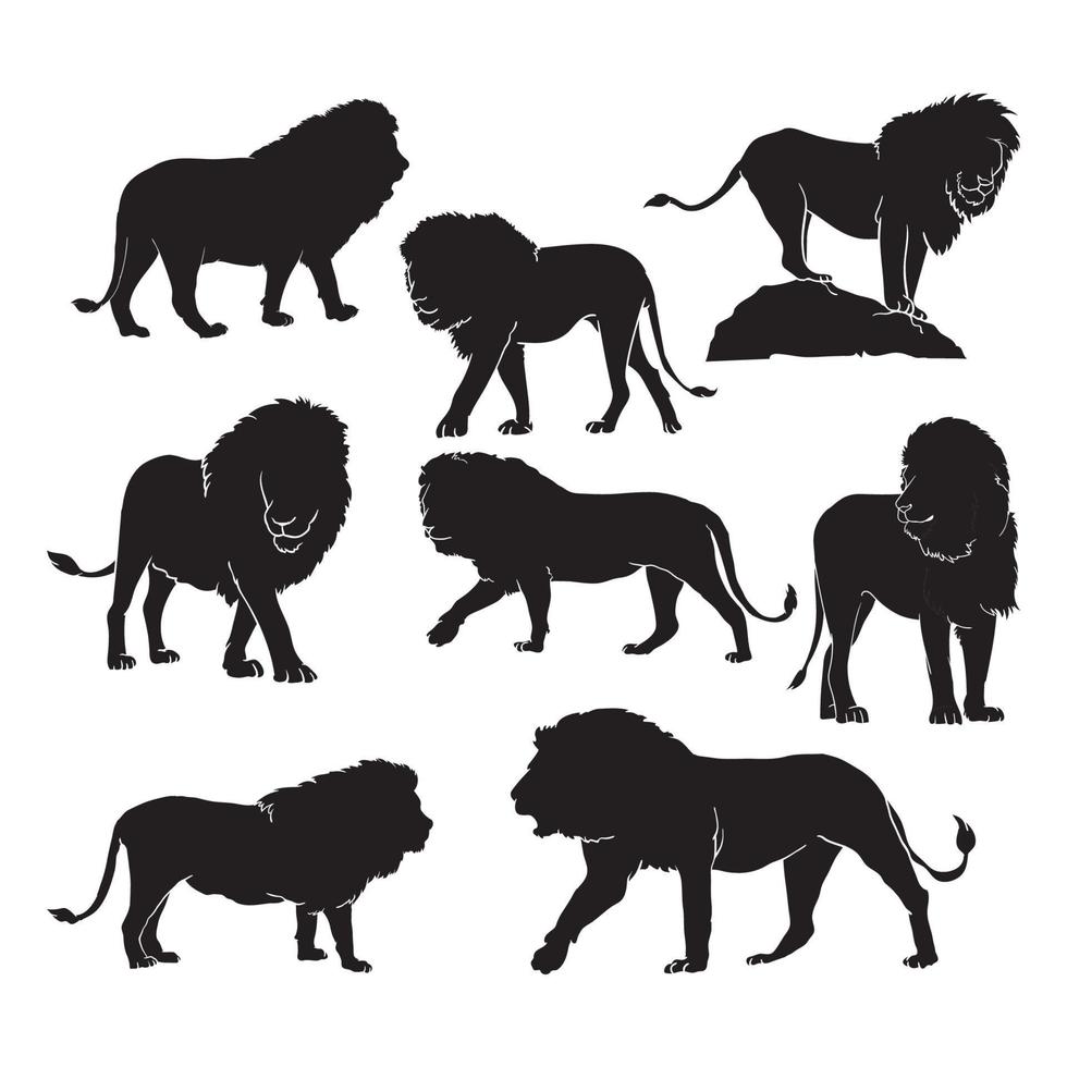 verzameling van hand- getrokken silhouetten van leeuw de koning van de oerwoud vector