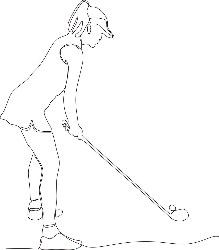 single lijn tekening van jong vrouw golf speler swinging golf club en raken bal. kom tot rust sport concept. toernooi Promotie ontwerp vector grafisch illustratie