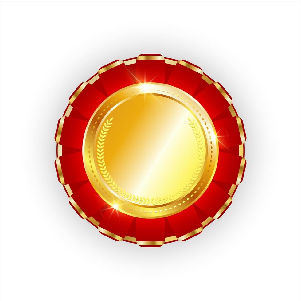 goud insigne met rood lintje. glimmend 1e plaats prijs ronde goud medaille geïsoleerd Aan wit achtergrond. kwaliteit zekerheid. vector illustratie.