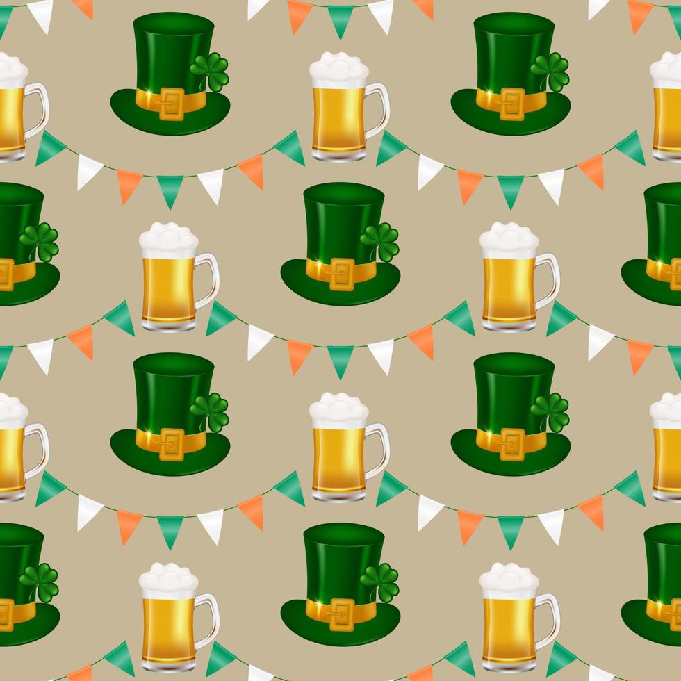 vieren st. Patrick dag met deze naadloos patroon met een slinger van Iers vlag-geïnspireerd driehoeken, groen elf van Ierse folklore hoed, vol pint van bier. voor decoreren muren, stoffen, en geschenk wrap. vector