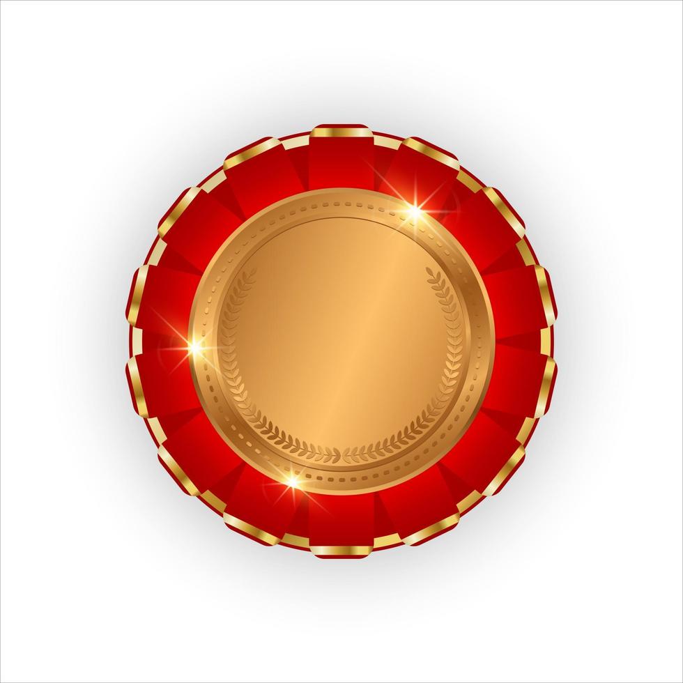 bronzen prijs voor 3e plaats met rood lintje. ronde insigne versierd met een lint Aan een wit achtergrond. realistisch prestatie trofee. vector illustratie.
