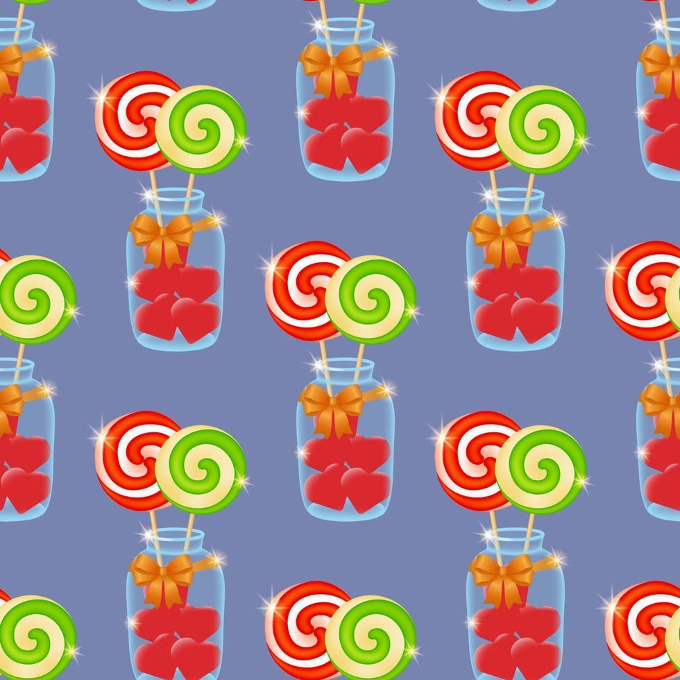 kleurrijk snoep patroon met lolly staand in een glas pot gevulde met rood hartvormig snoepjes en gebonden met een satijn lint boog. naadloos patroon. vector illustratie.