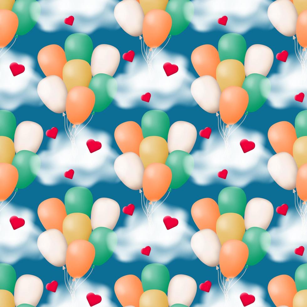 brengen vreugde en geluk naar uw ontwerpen met onze naadloos patroon met een bundel van kleurrijk ballonnen en rood harten reeks temidden van pluizig wolken Aan een mooi blauw achtergrond. vector illustratie.