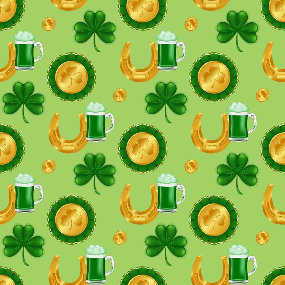 vieren st. Patrick dag met deze naadloos patroon met gouden hoefijzers, munten, Klaver bladeren, en een vol pint van groen bier of ale. perfect voor decoreren muren, stoffen, en geschenk wrap. vector