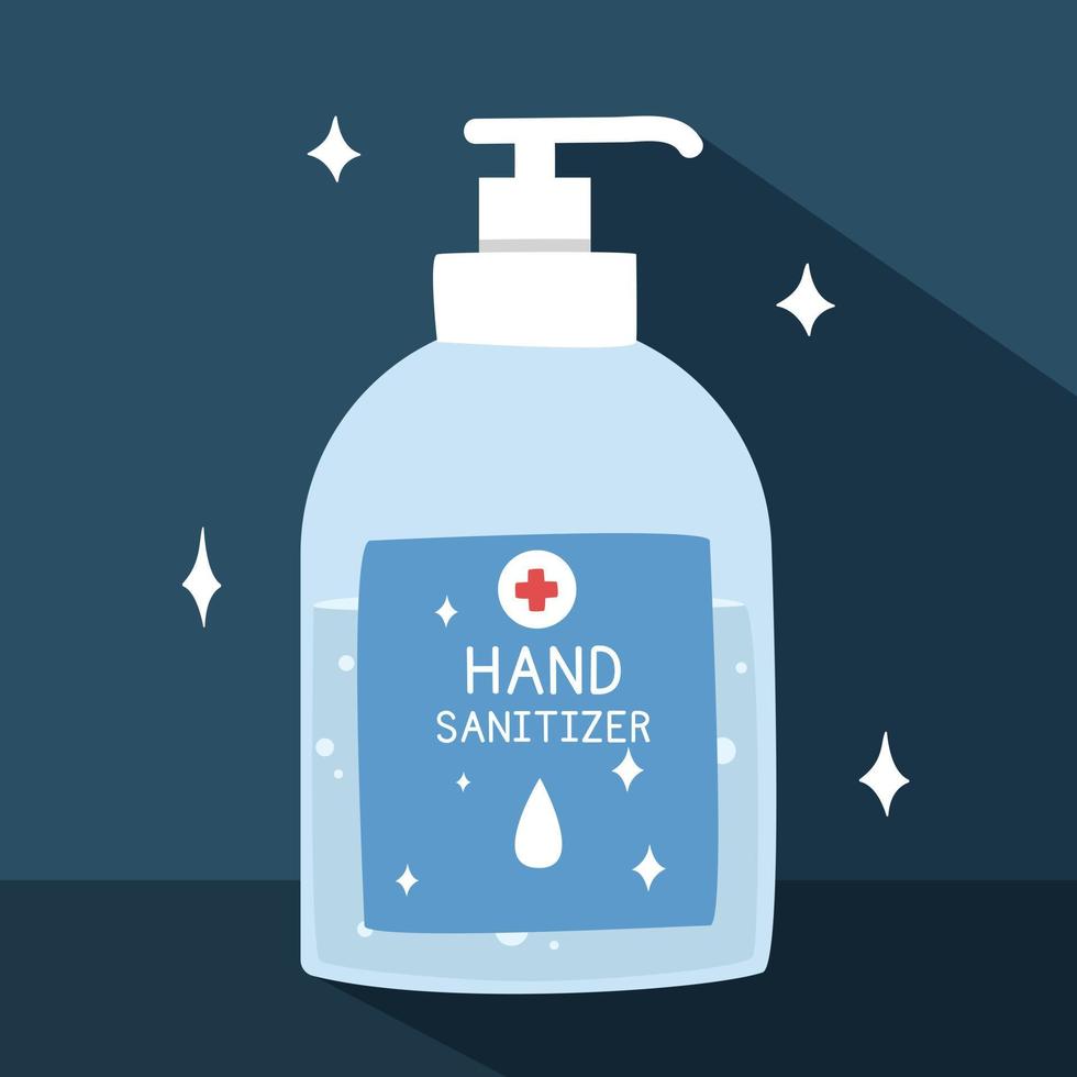 hand- ontsmettingsmiddel met lang schaduw in vlak stijl vector illustratie. gemakkelijk antibacteriële hand- ontsmettingsmiddel fles clip art tekenfilm stijl, hand- getrokken tekening stijl. hygiëne Product schattig vector illustratie