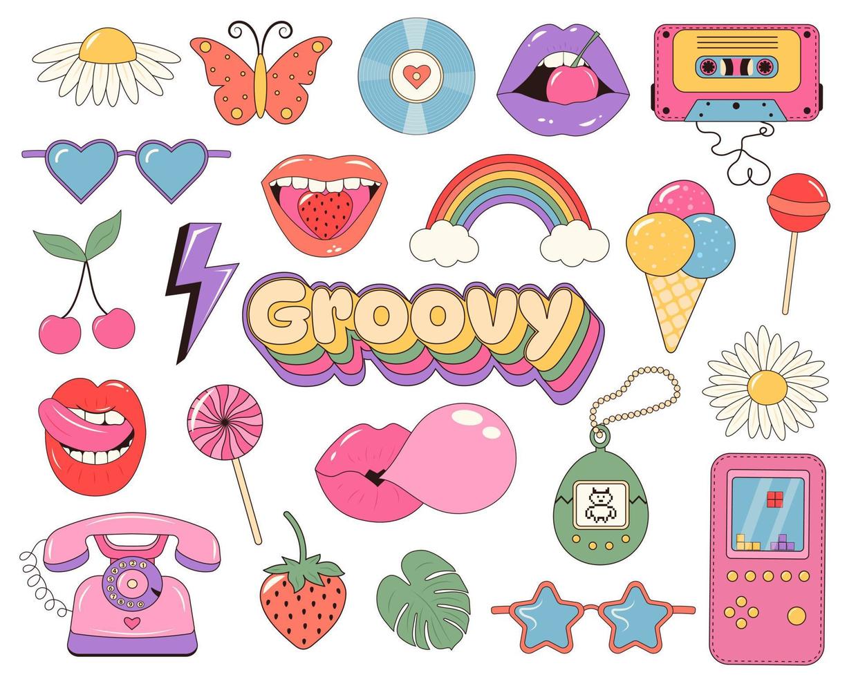groovy retro clip art set. grappig stickers of badges in modieus psychedelisch tekenfilm stijl. modieus knal cultuur badges grafisch ontwerp pictogrammen. vector