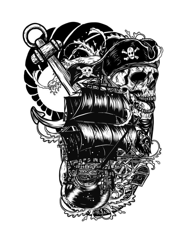 piratenschedel met de handtekening van de schip vectortatoegering. vector