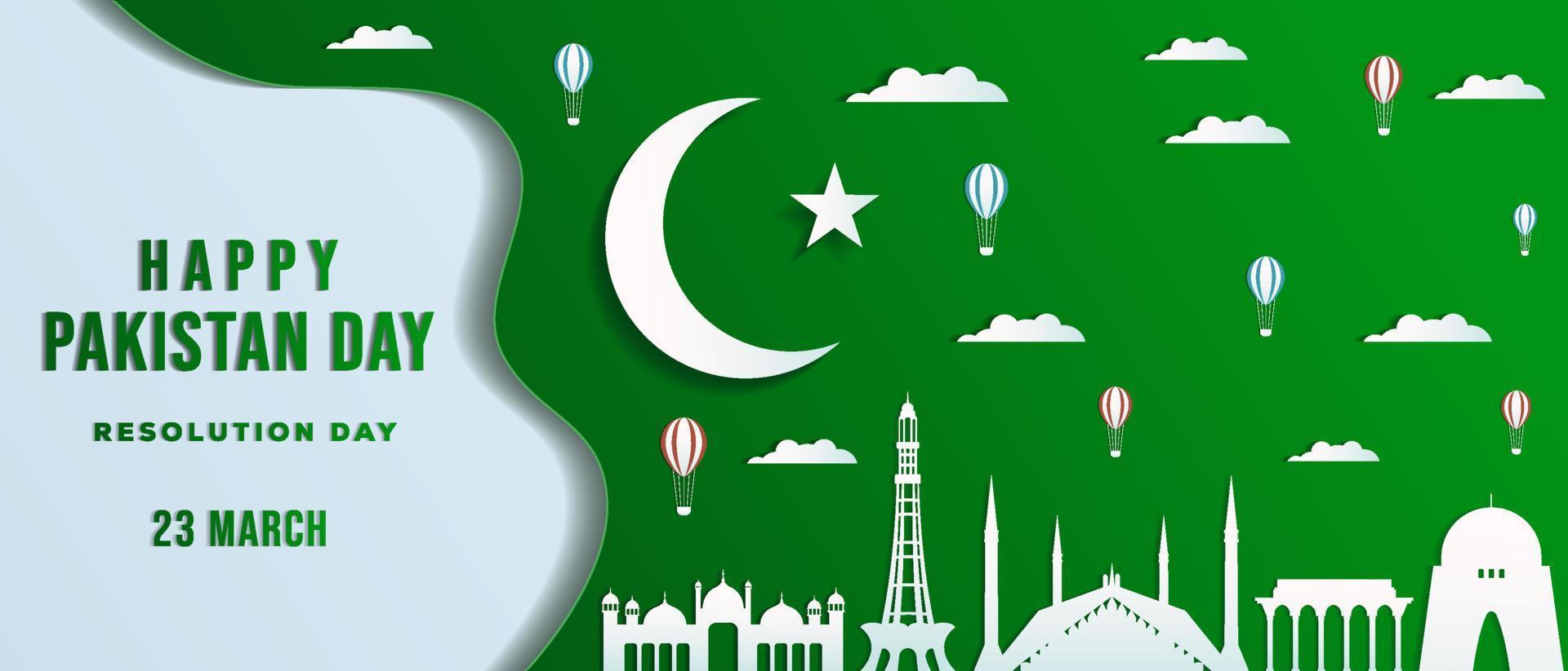 Pakistan dag in papier kunst stijl horizontaal banier met Pakistan mijlpaal, wolk, en heet lucht ballon vector