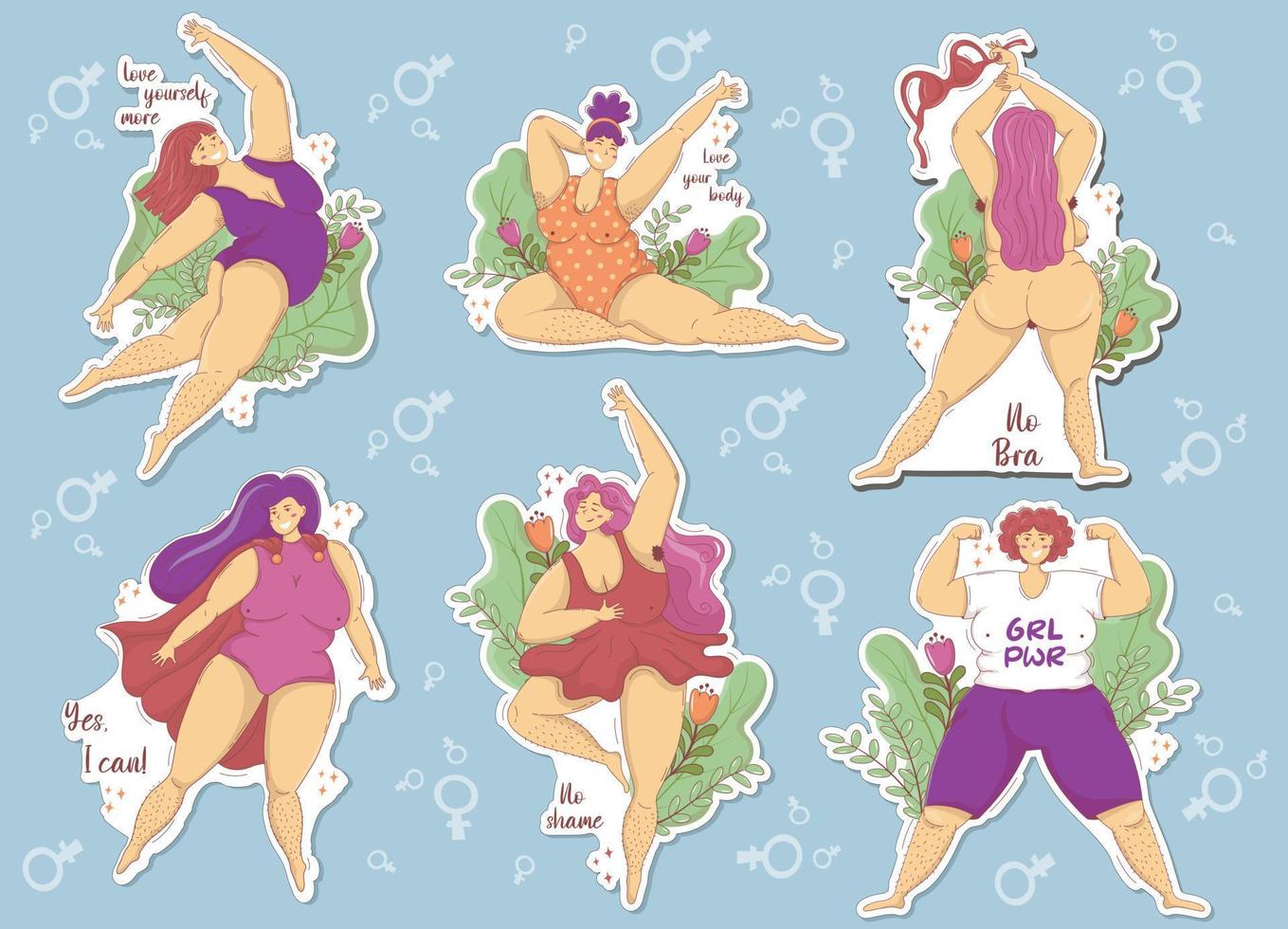 bundel met stickers van gelukkig plus grootte Dames met harig poten en oksels in divers poses en positief feministisch slogans vector