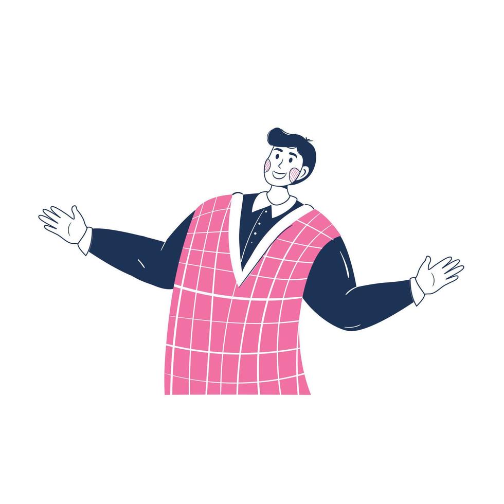 jong mannetje vader in een plaid hesje verspreidt zijn armen, taille lengte tekening vector