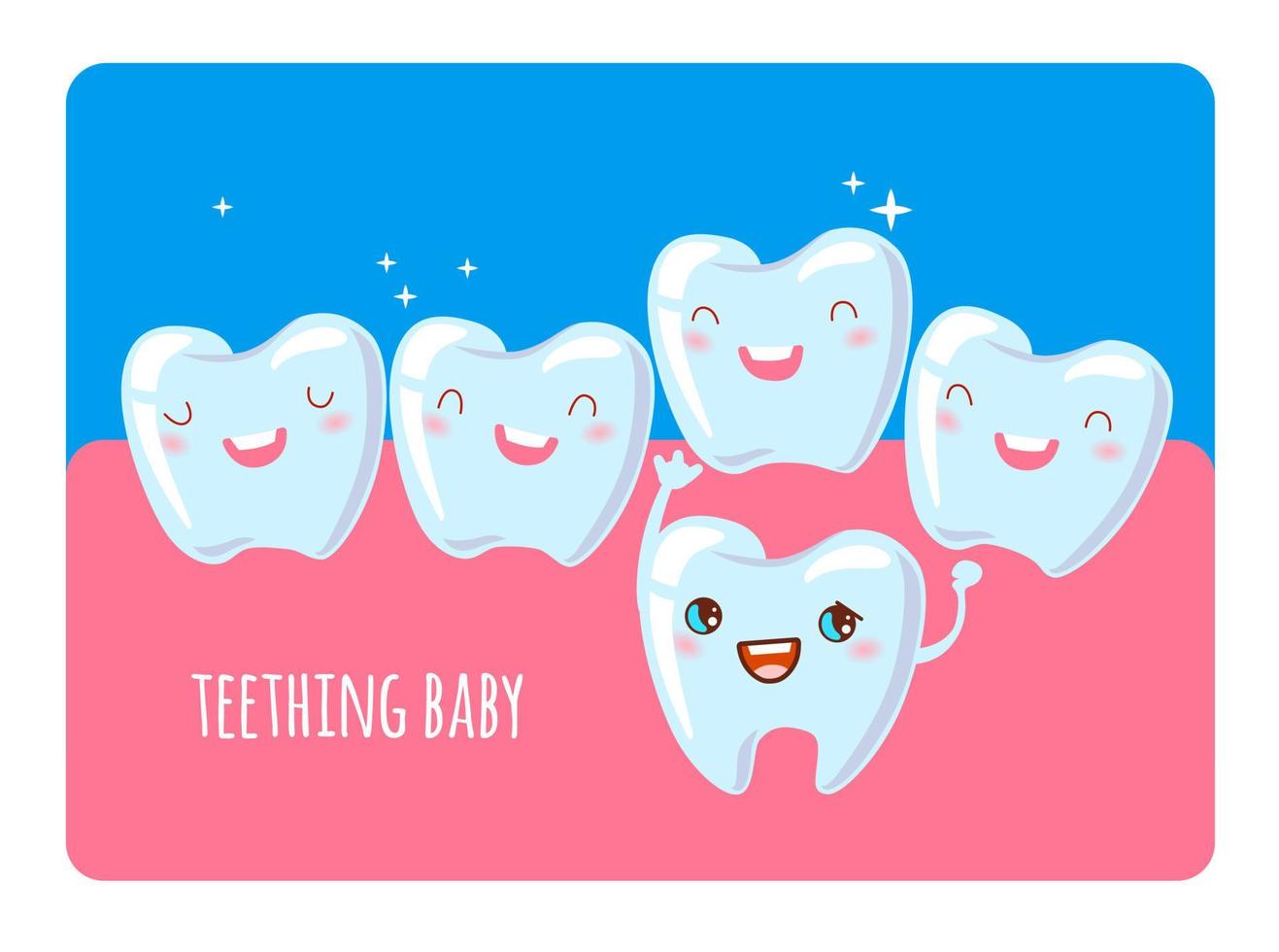 uitbarsting van een blijvend tand en verlies van melk tanden. kinderen tandheelkundig zorg en gezondheidszorg concept. geanimeerd tanden tandheelkundig kliniek poster vector