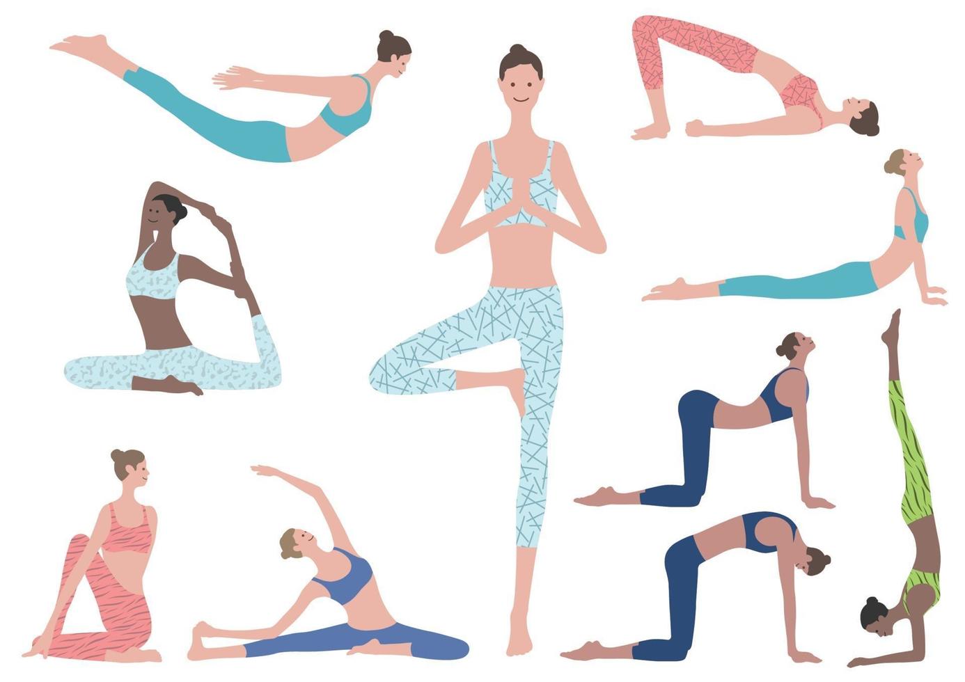 vlakke afbeelding set vrouw doen yoga oefeningen. vector iconen van verschillende yoga-posities geïsoleerd op een witte achtergrond.