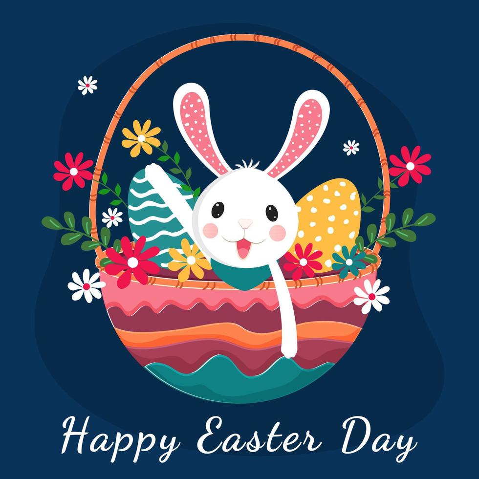 schattig konijn met gedrukt eieren en bloemen in kleurrijk mand Aan blauw achtergrond voor gelukkig Pasen dag. vector