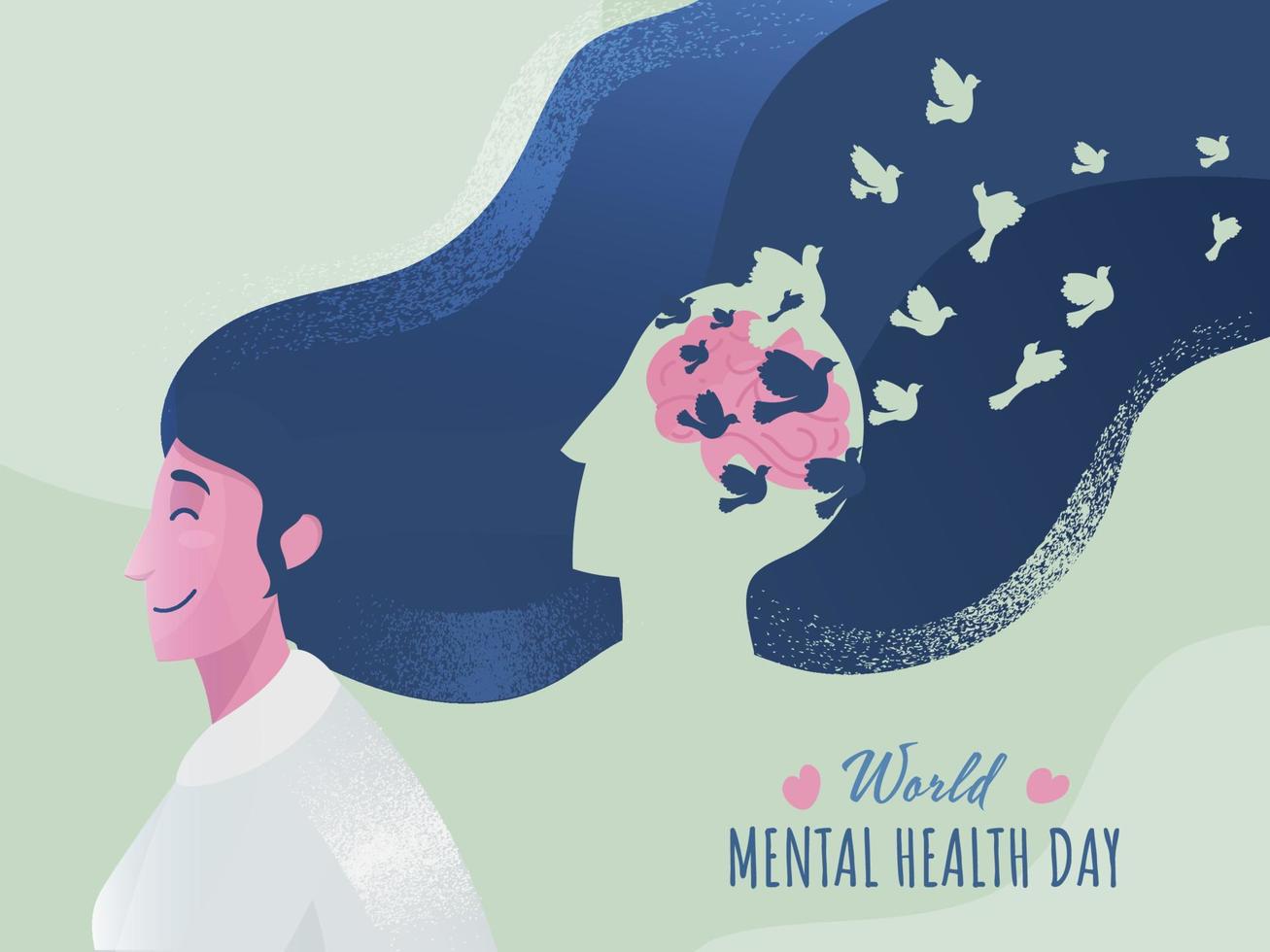 wereld mentaal Gezondheid dag concept gebaseerd poster ontwerp met lawaai effect jong vrouw en vliegend vogelstand Aan licht groen achtergrond. vector