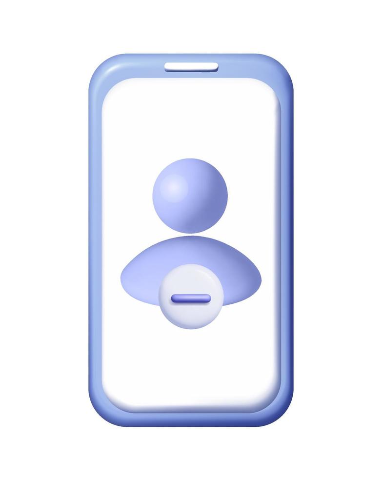 3d verwijderen of min gebruiker avatar groep symbool in telefoon. profiel account smartphone. mensen blauw icoon sociaal media. menselijk, persoon modieus en modern vector in 3d stijl maas