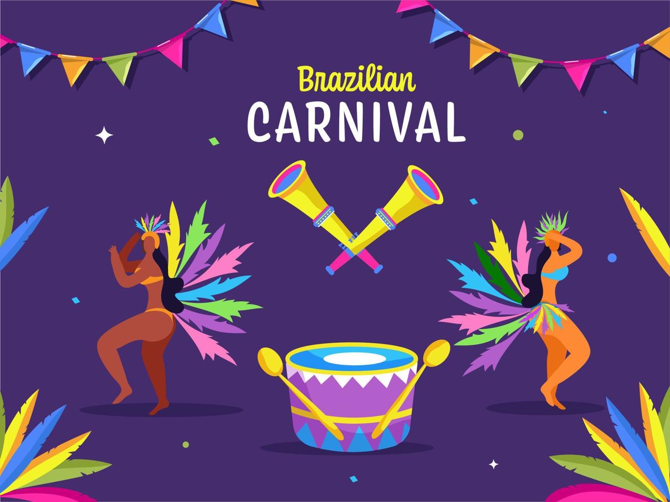 braziliaans carnaval viering achtergrond met vrouw samba danser karakter, trommel en vuvuzela instrument. vector