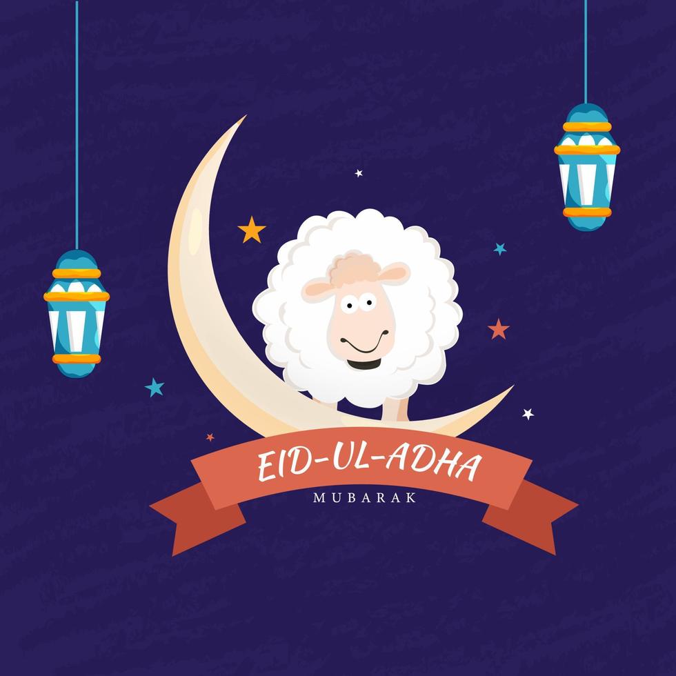 eid-ul-adha mubarak tekst in lint met halve maan maan, tekenfilm schapen en hangende lantaarns Aan Purper grunge achtergrond. vector