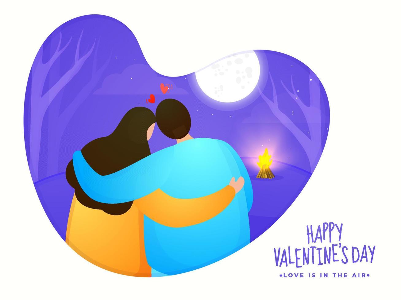 terug visie van lief paar knuffelen met vreugdevuur Aan vol maan abstract Purper achtergrond voor gelukkig Valentijnsdag dag, liefde is in de lucht concept. vector