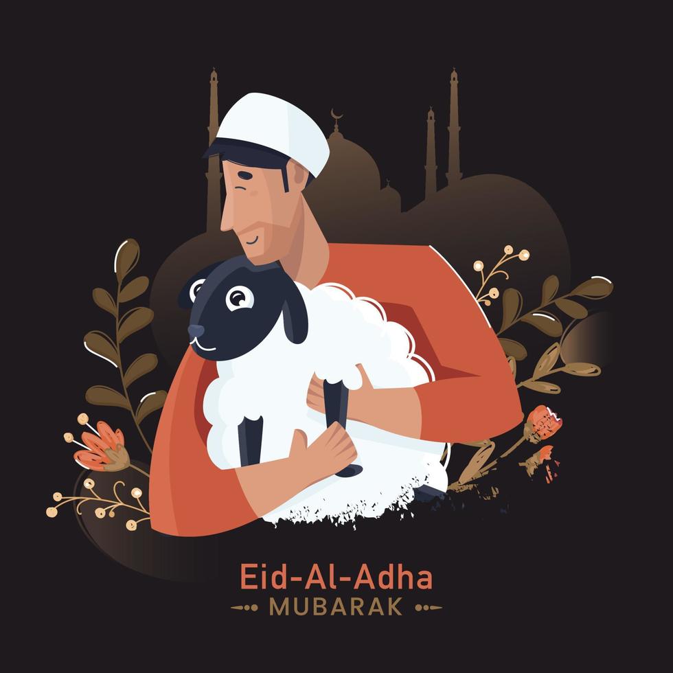 eid-al-adha mubarak concept met illustratie van moslim Mens Holding een tekenfilm geit en bloemen Aan bruin silhouet moskee achtergrond. vector