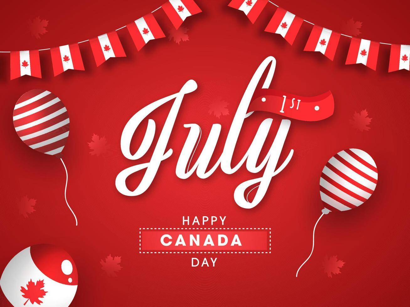 papier besnoeiing 1e juli doopvont met vliegend ballonnen en Canadees vlaggedoek vlaggen versierd Aan rood esdoorn- bladeren achtergrond voor gelukkig Canada dag. vector
