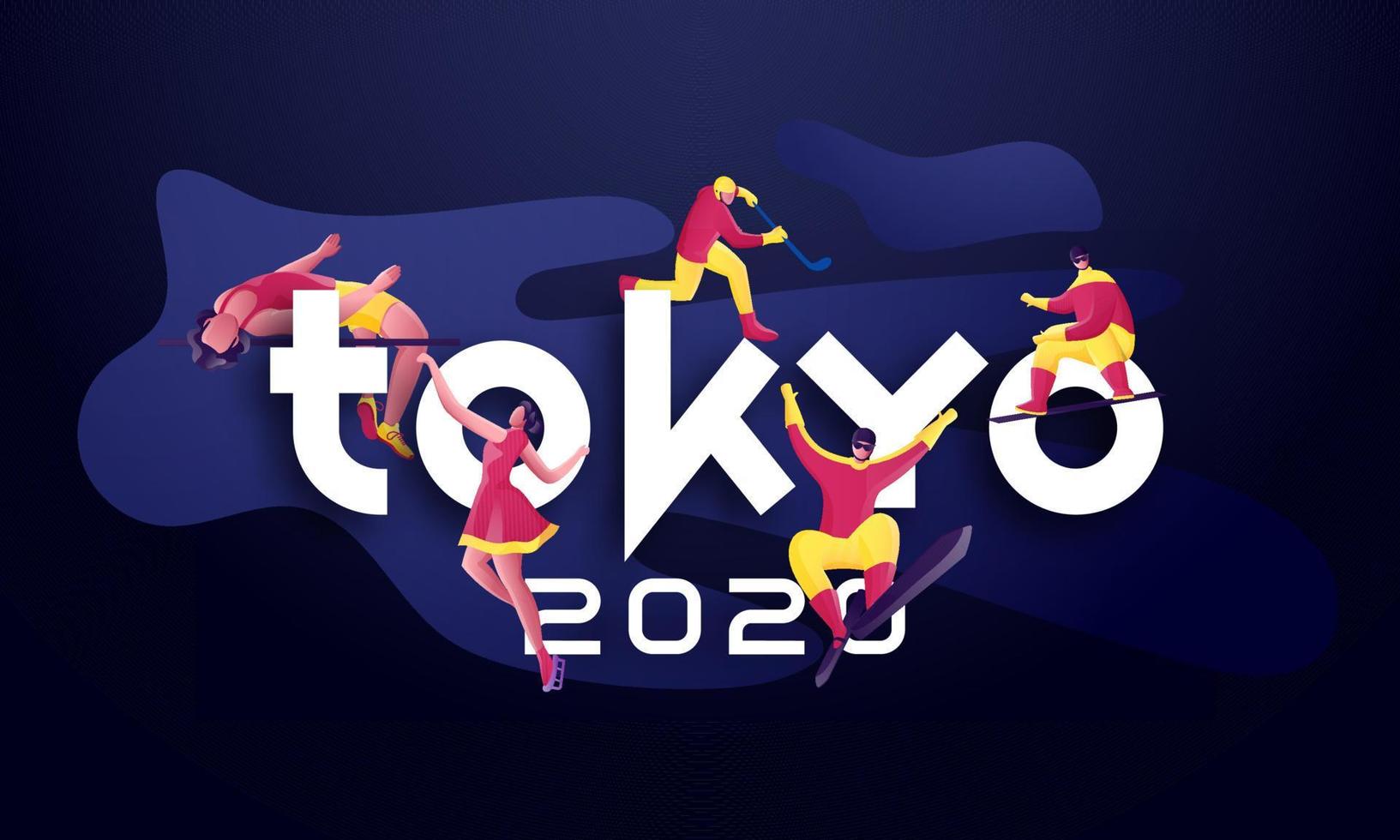 papier besnoeiing tokyo 2020 tekst met gezichtsloos sporter in verschillend werkzaamheid Aan abstract blauw achtergrond. vector