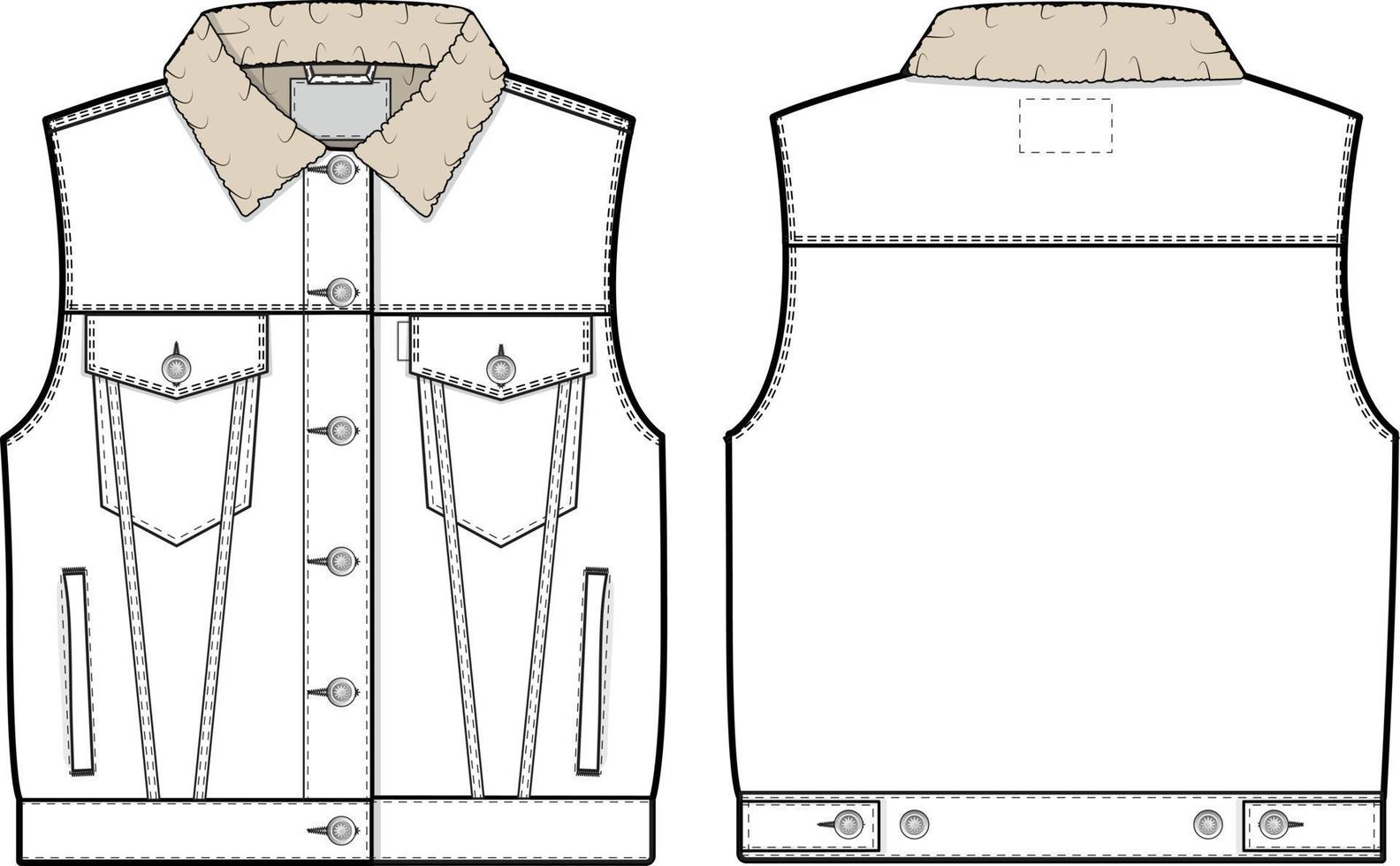 Dames bijgesneden sherpa denim jean jasje hesje afsnijden mouwloos slank fit collared vlak technisch tekening illustratie blanco mock-up sjabloon voor ontwerp en tech pakketten cad technisch schetsen vector