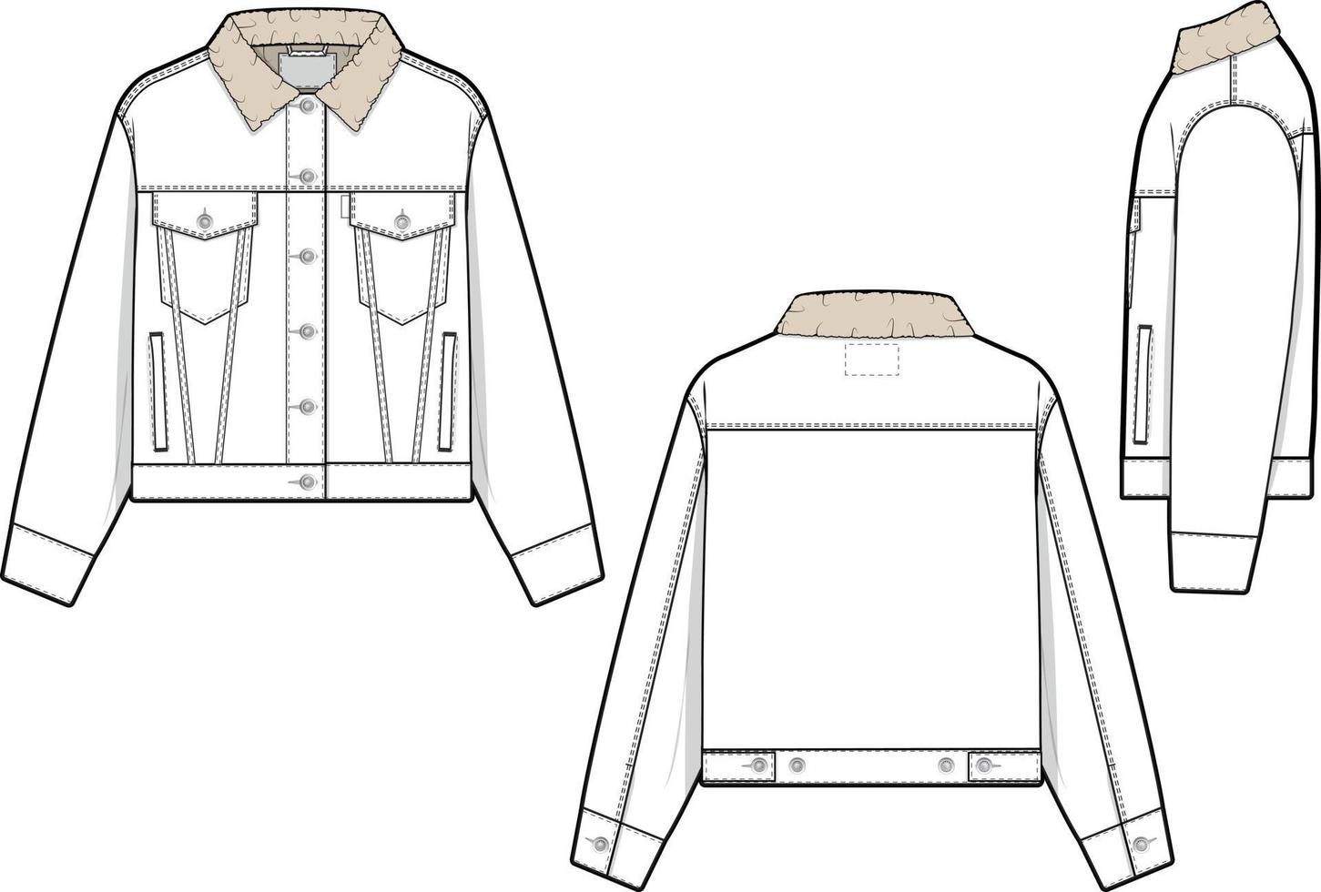 Dames bijgesneden sherpa denim jasje vrachtwagenchauffeur vector vlak technisch tekening illustratie mock-up sjabloon voor ontwerp en tech pakketten mode cad streetwear mode merk ontwerp hulpbron het dossier dun.