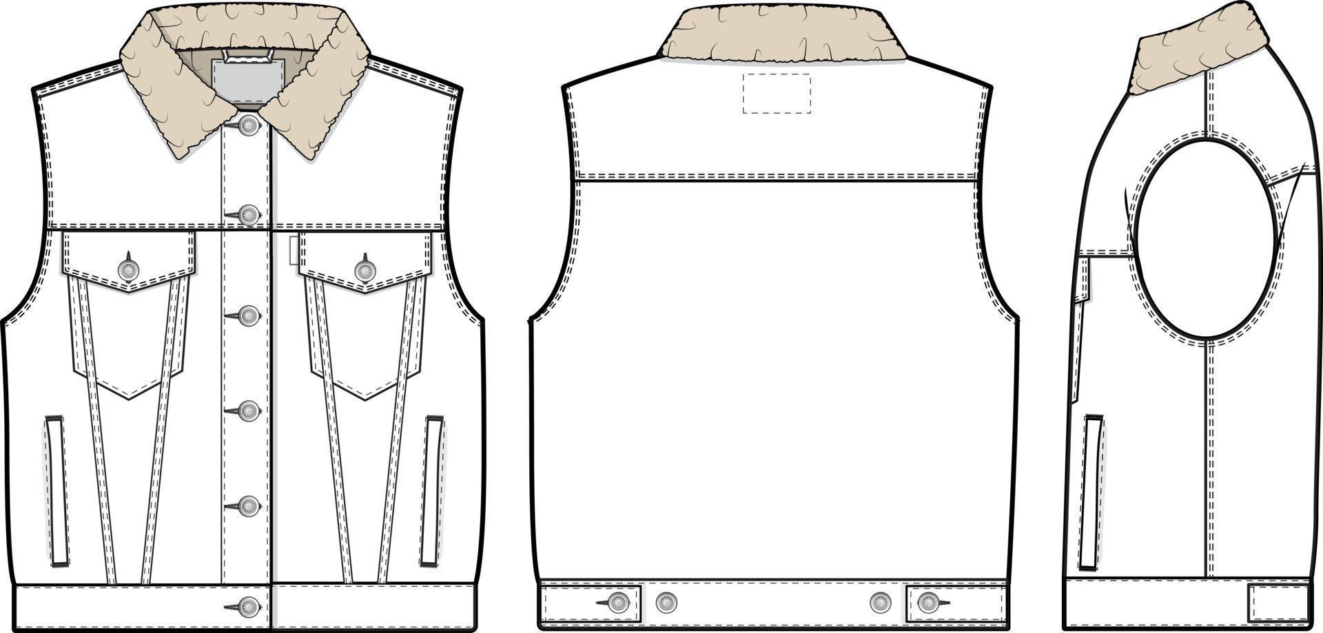 Dames bijgesneden sherpa denim jean jasje hesje afsnijden mouwloos slank fit collared vlak technisch tekening illustratie blanco mock-up sjabloon voor ontwerp en tech pakketten cad technisch schetsen vector