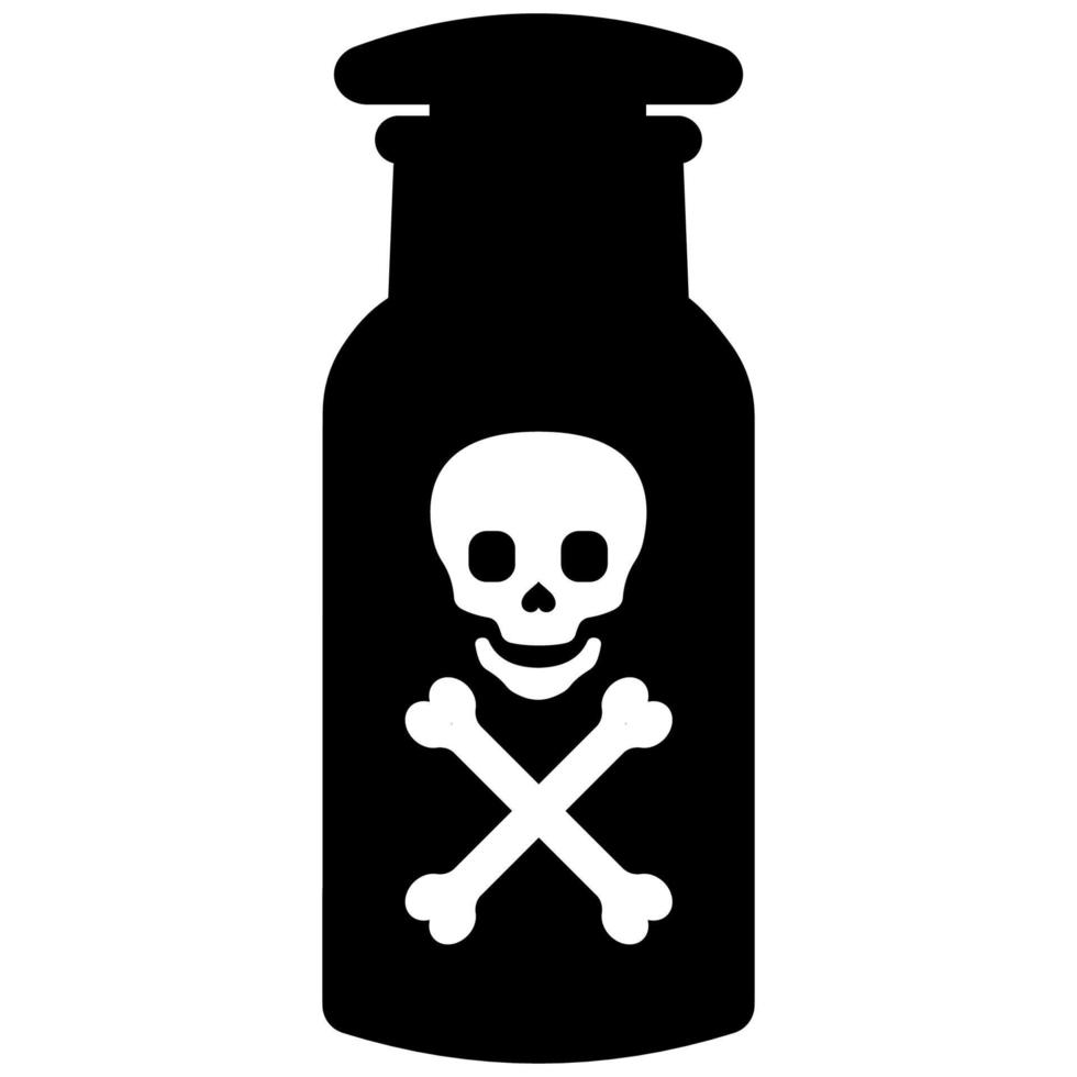 giftig vergiftigen fles met dood teken schedel en botten, vector laboratorium pot met giftig substantie, dodelijk virus vergiftigen