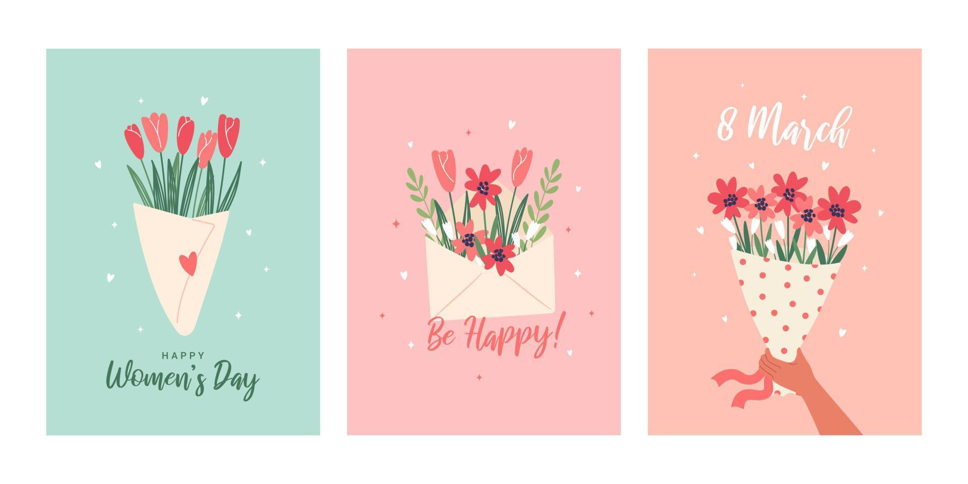 gelukkig vrouwen dag. verzameling van lief schattig groet kaarten met een boeket van bloemen en envelop met bloemen. feestelijk vector illustratie voor de viering van maart 8.