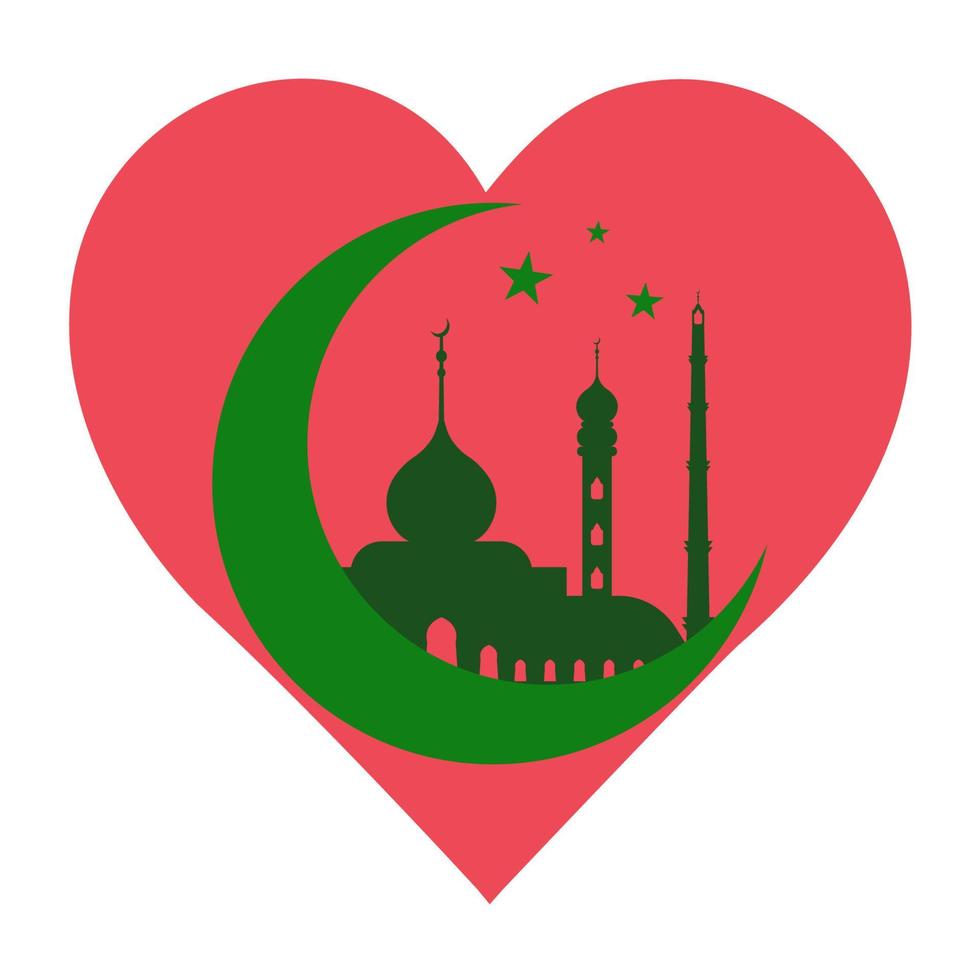 groen halve maan en een moskee in een hart, een symbool van liefde voor Islam en Allah vector